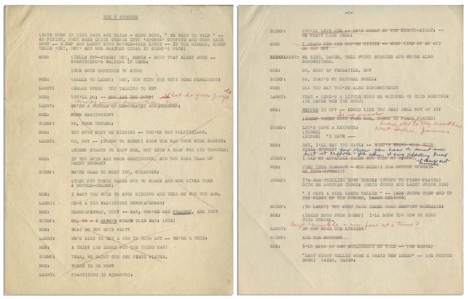 Moe Howard's 7pp. Script for a Three Stooges Skit, Circa Early 1950s, With Shemp -- Hand-Annotated by Moe -- Very Good Condition